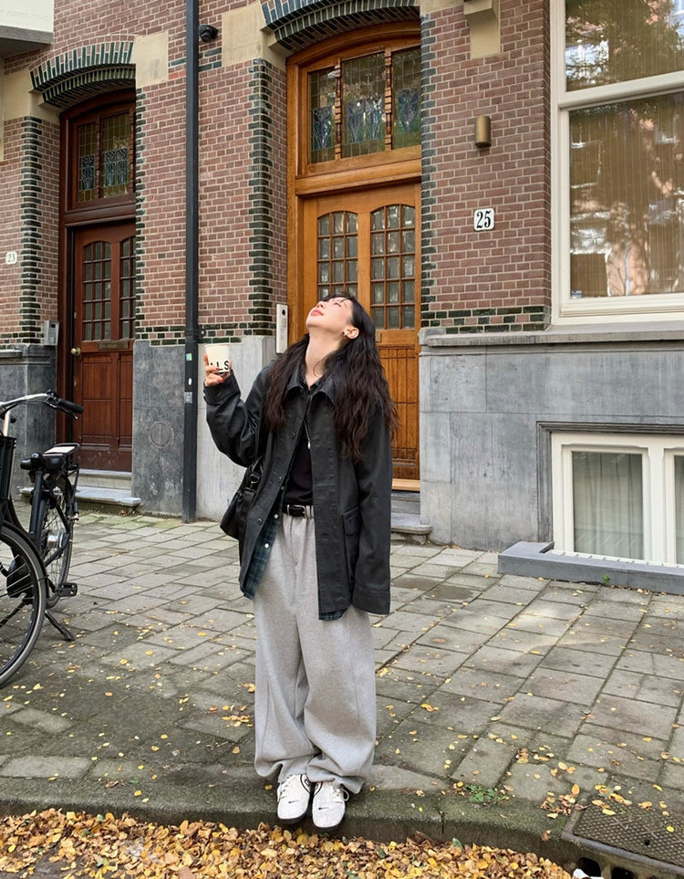 Unisex皮帶扣細節廓形棉褲