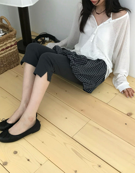 彈性側小開叉七分褲