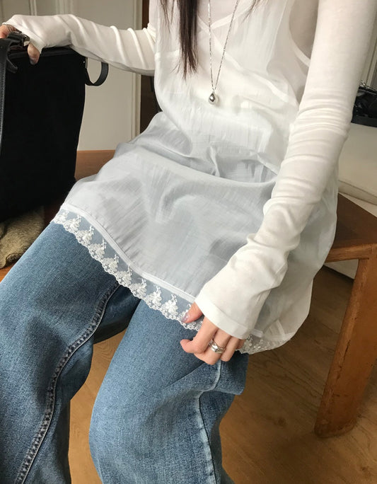 透膚蕾絲邊細節連身裙