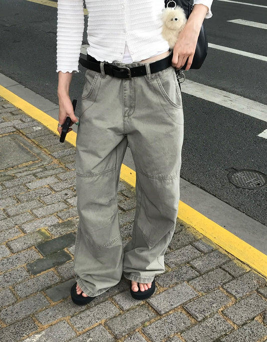 復古壓線細節工裝直褲