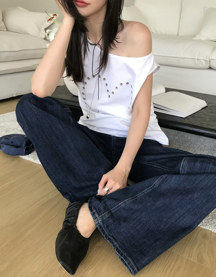 美肩愛心鉚釘抓皺細節上衣