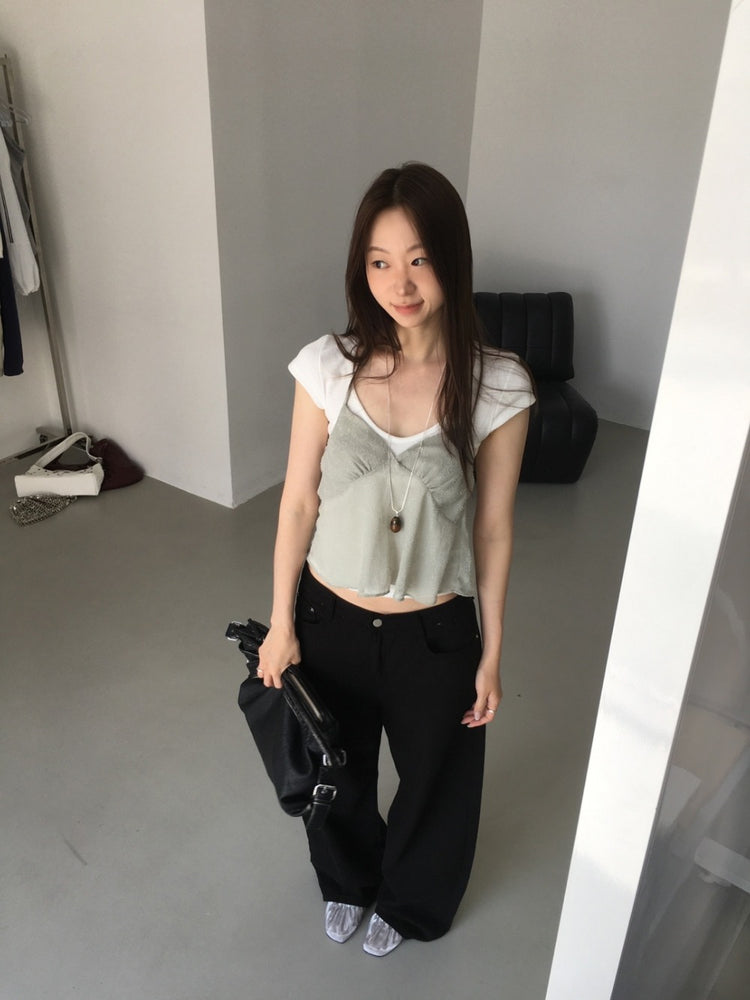 微透膚暗紋理掛脖綁帶背心