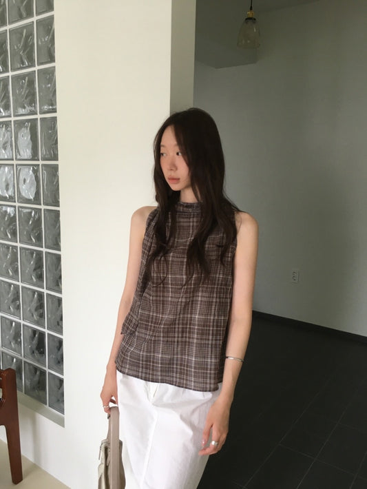 格紋側綁帶細節上衣