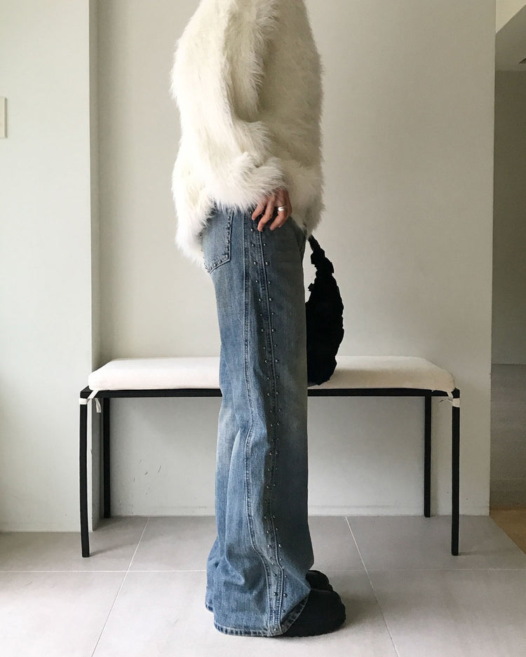 弧壓線側鉚釘細節牛仔褲