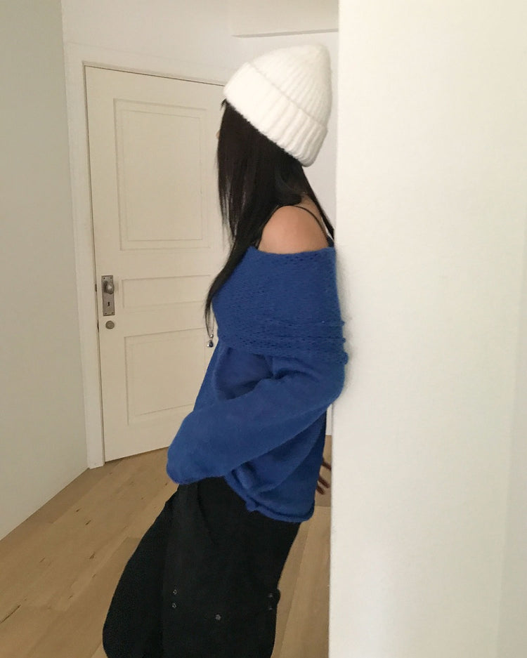 美肩微透紋理細節針織上衣