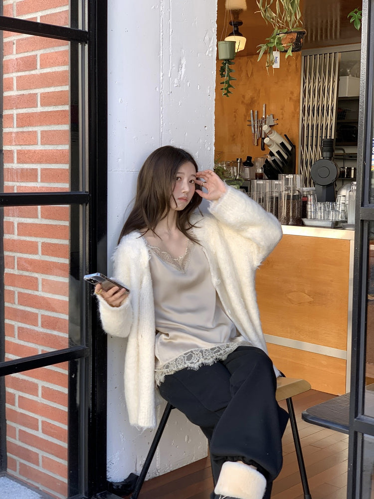 毛感細節排鈕寬鬆針織外套