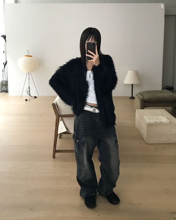 仿水貂毛質感排鈕寬鬆外套