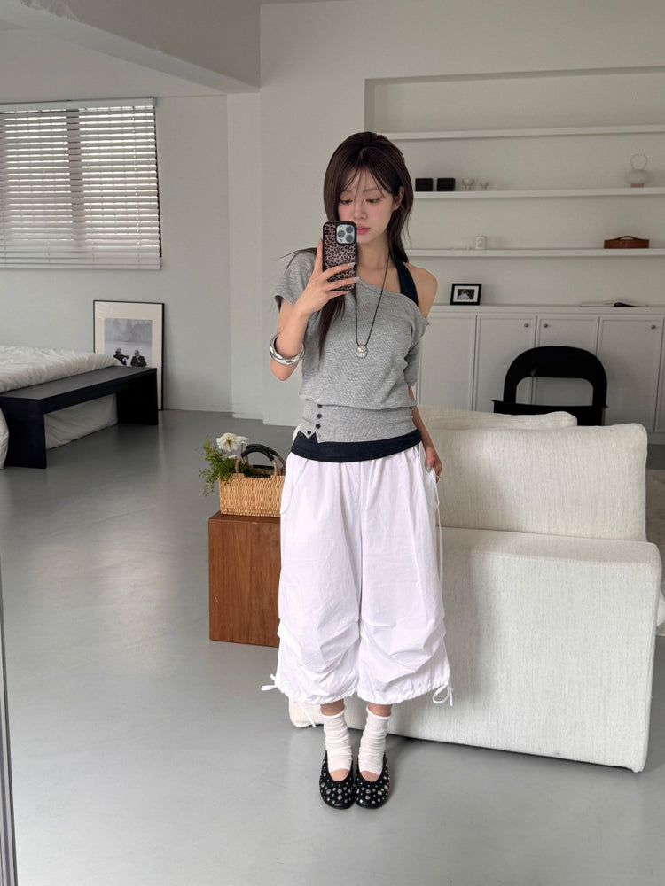 華夫格掛脖美肩兩件式上衣