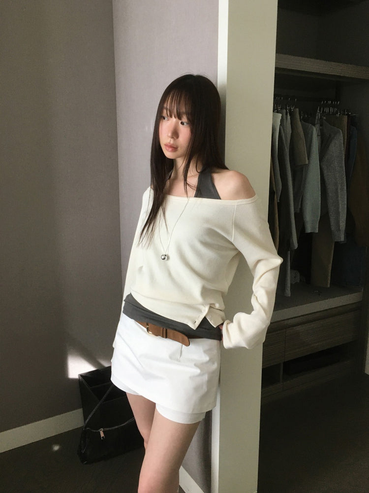 美肩撞色掛脖兩件式上衣