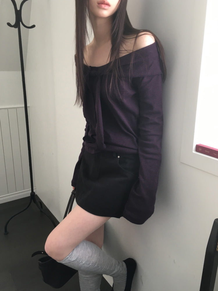 美肩垂帶領結條紋上衣