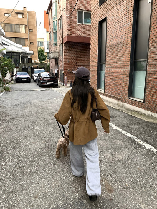 麂皮翻領抽繩細節中長外套