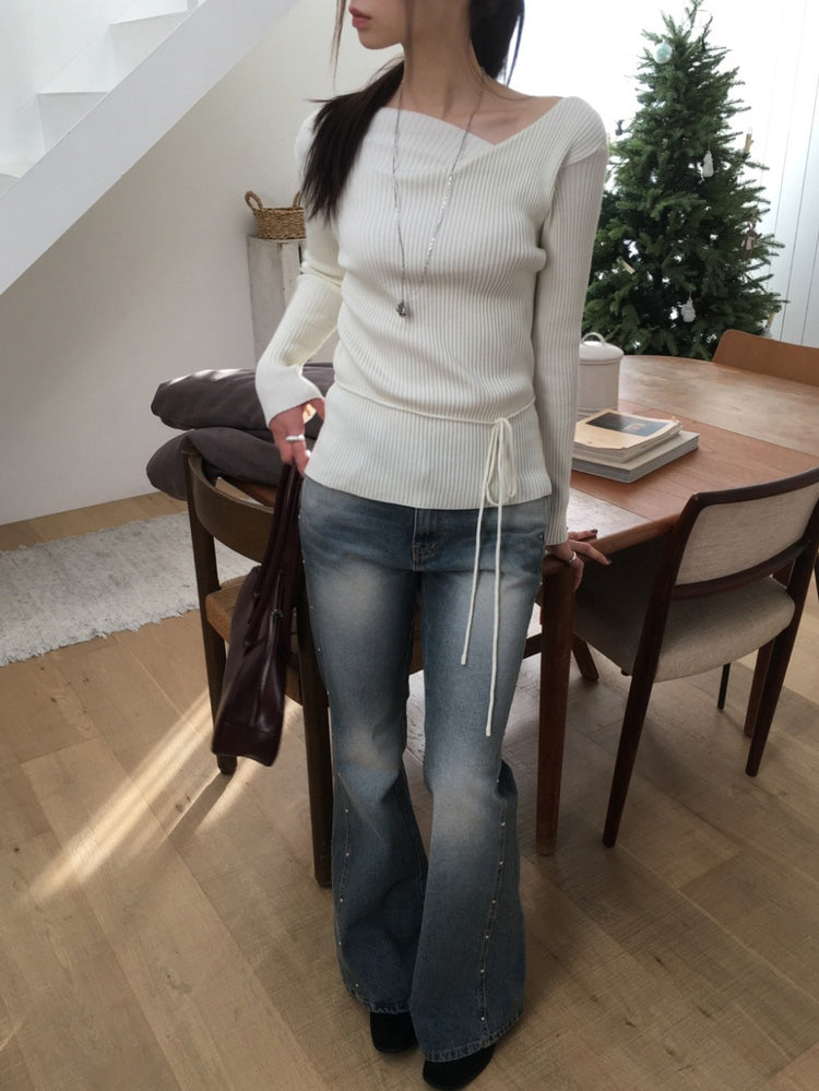 垂領綁帶修腰針織上衣