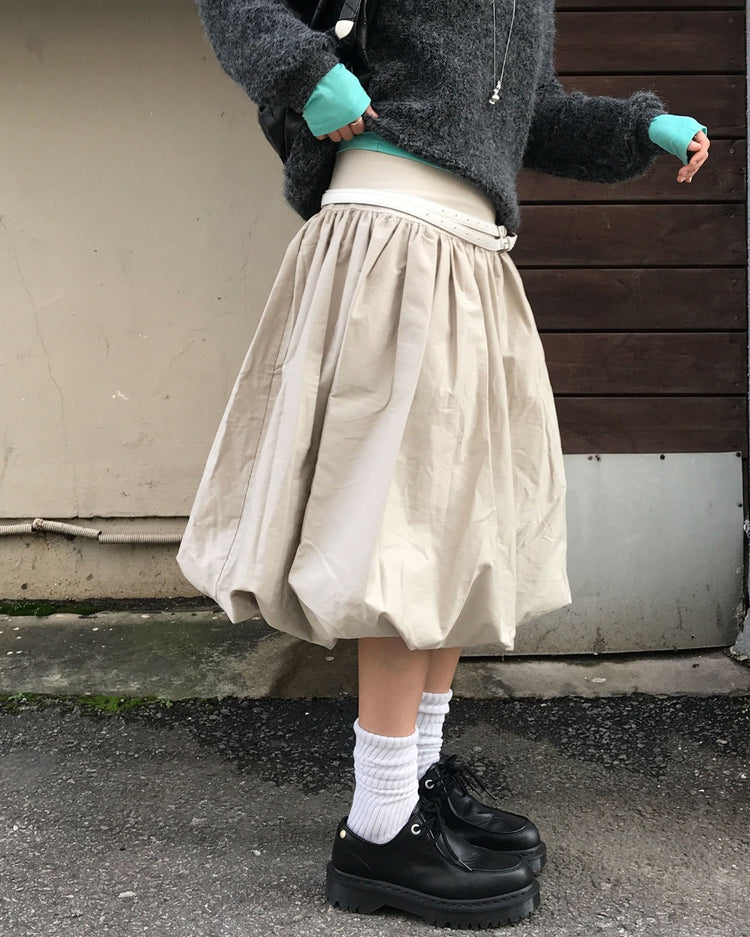 寬腰頭泡泡中裙