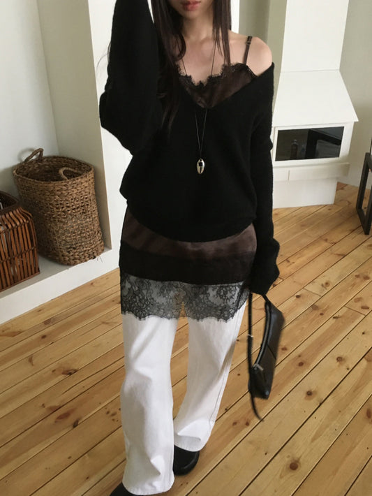 (現)美色蕾絲邊光澤感連身裙