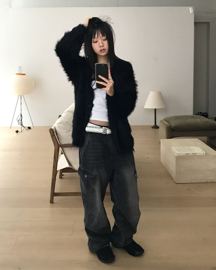 仿水貂毛質感排鈕寬鬆外套