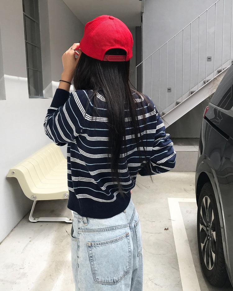 美色條紋排鈕針織外套