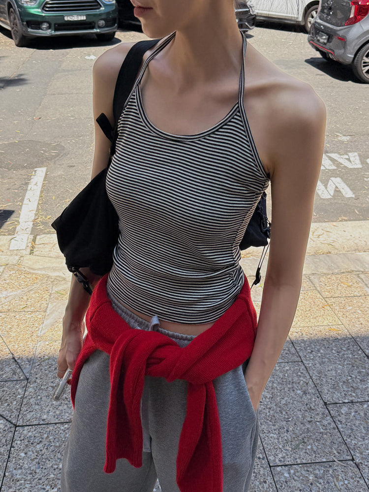 掛脖條紋修身上衣