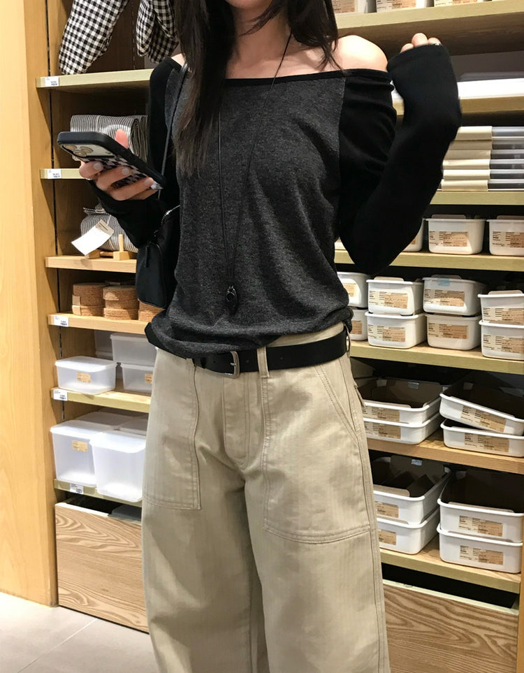 美肩撞色牛角袖細節上衣