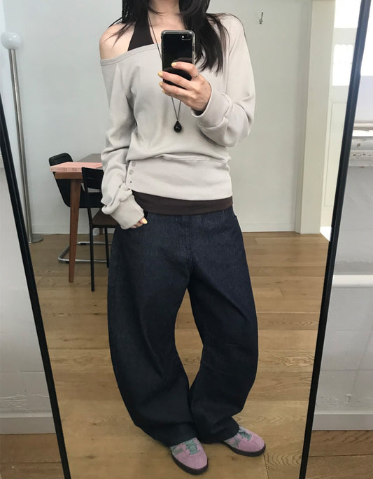 原色內壓褶細節彎刀牛仔褲
