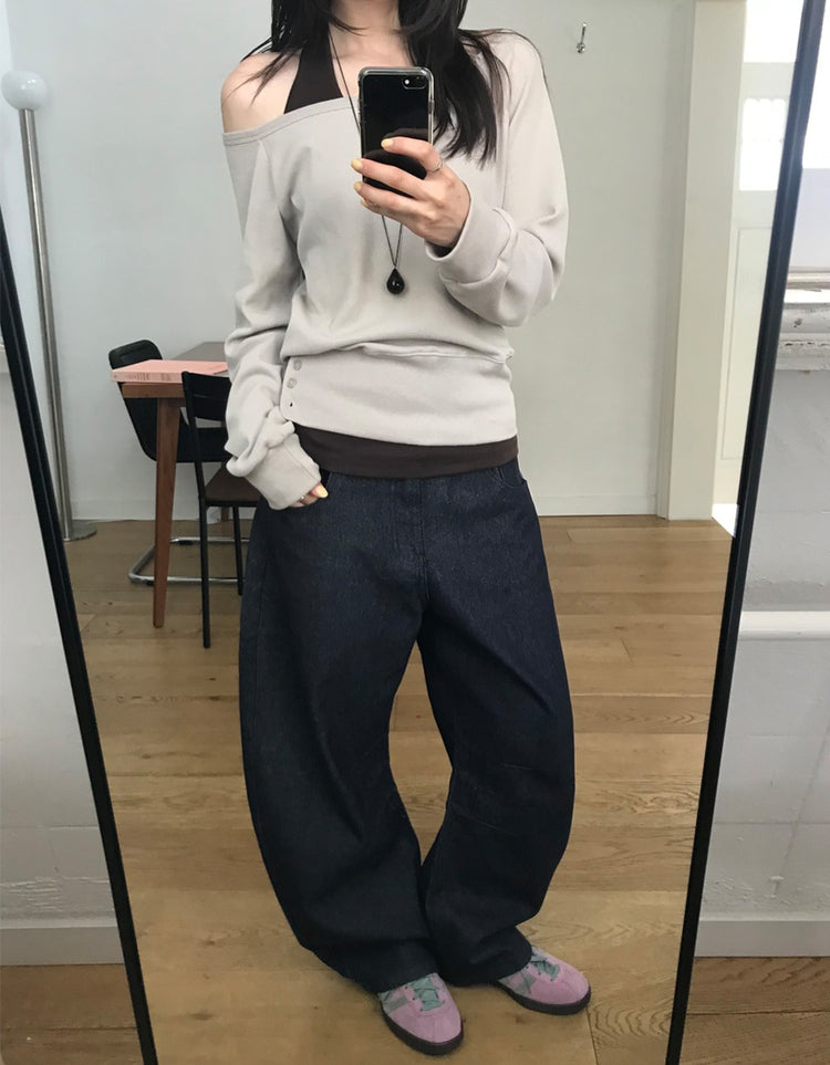 原色內壓褶細節彎刀牛仔褲