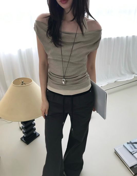 美肩抓皺細節假兩件上衣