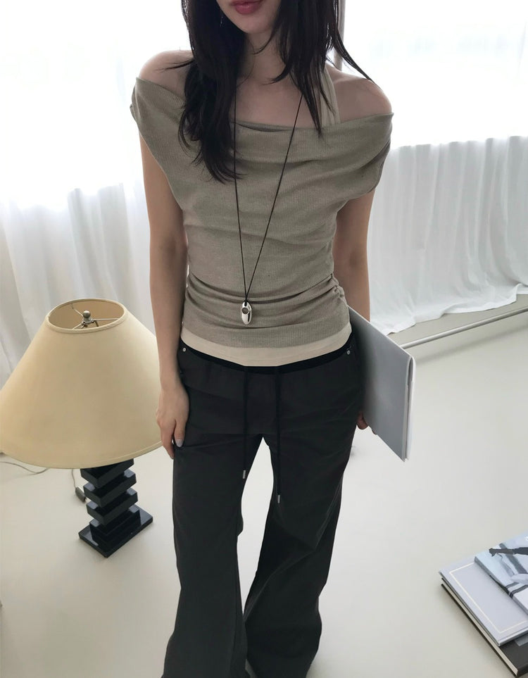 美肩抓皺細節假兩件上衣
