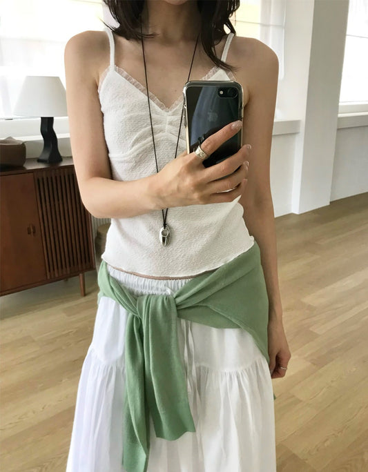 蕾絲邊暗紋胸腺細節背心