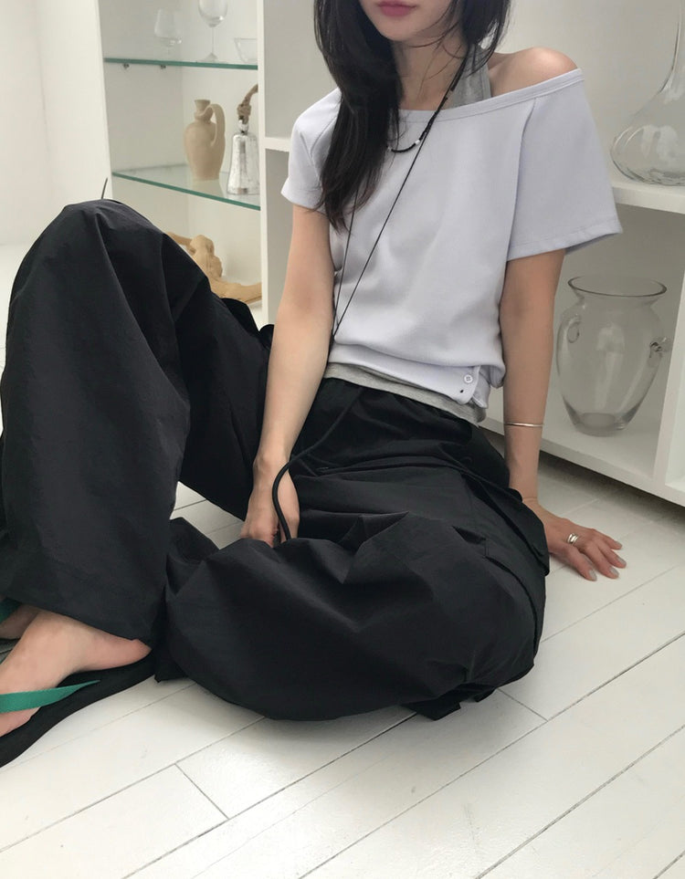 S/S 美肩撞色掛脖兩件式上衣