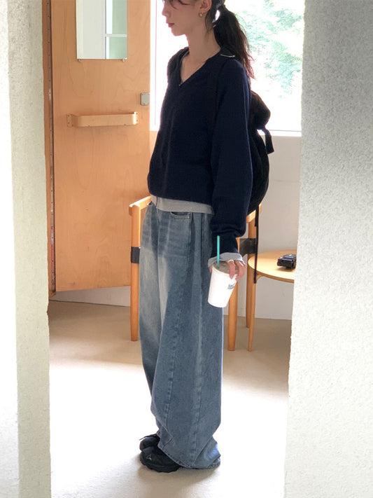 側壓褶細節廓形牛仔褲