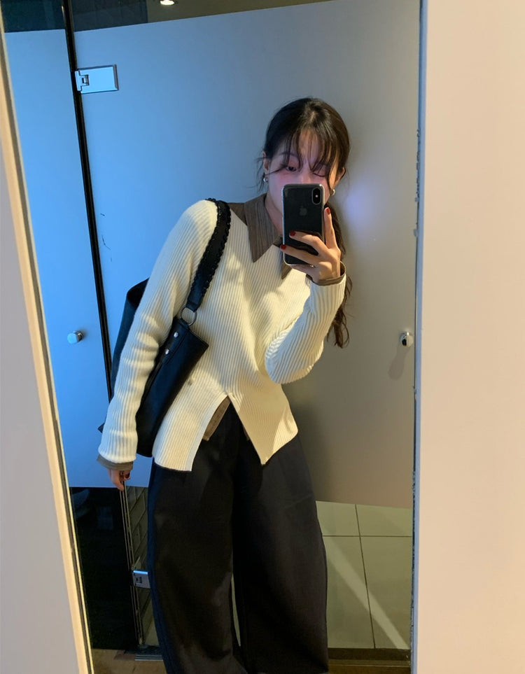 坑紋側開叉扣鈕細節針織上衣