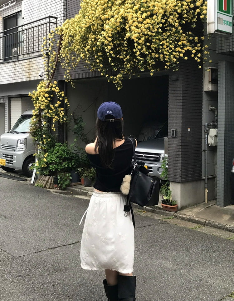 立體花荷葉邊細節抽繩半裙