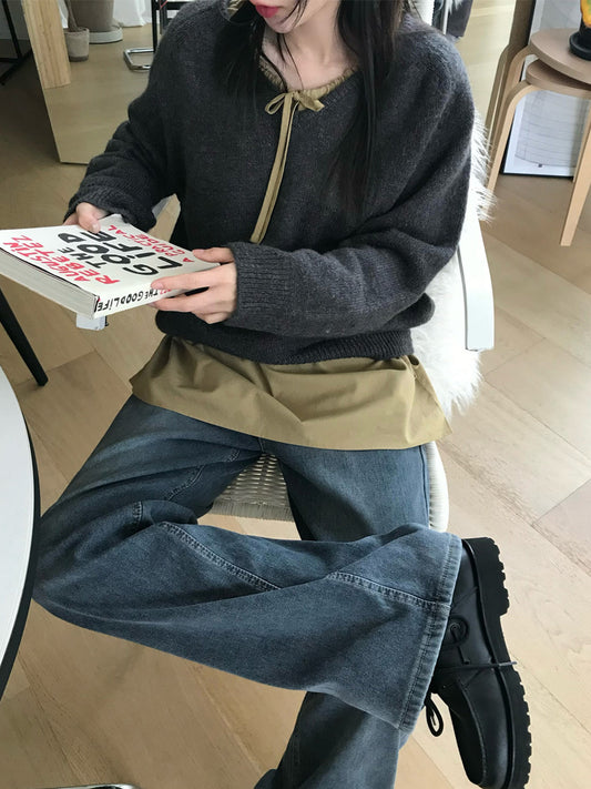 V領美肩線細節針織毛衣