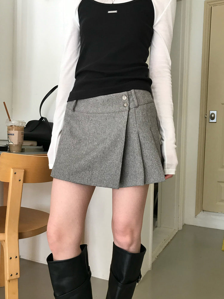 不對稱側扣百褶裙褲