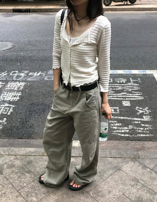 復古壓線細節工裝直褲