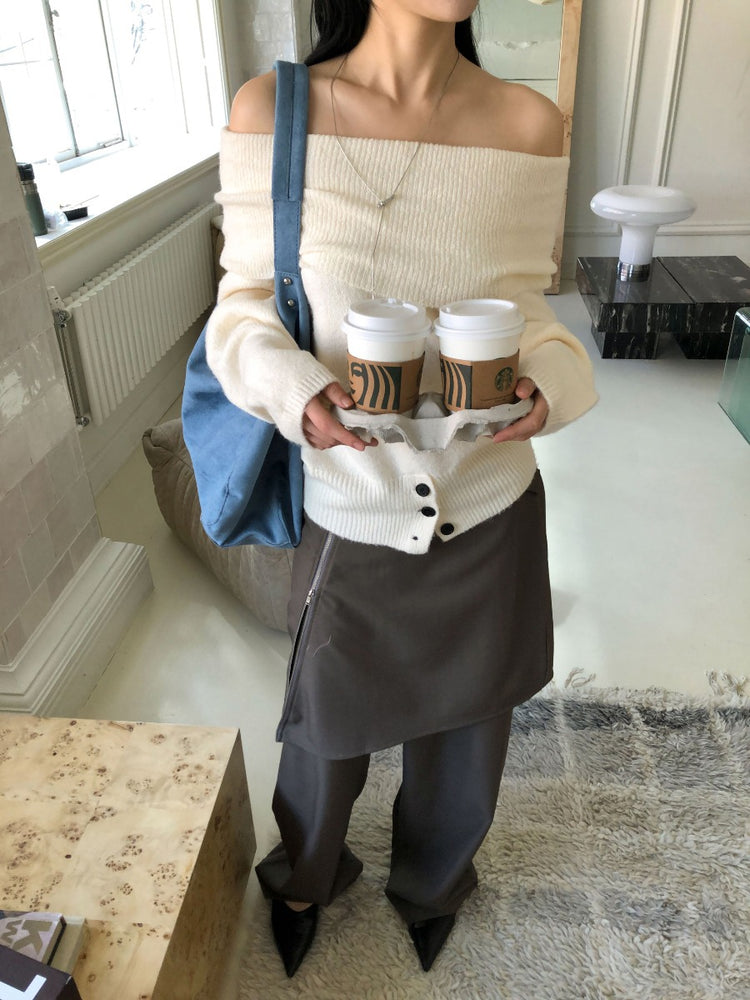 美肩下擺扣鈕細節針織上衣