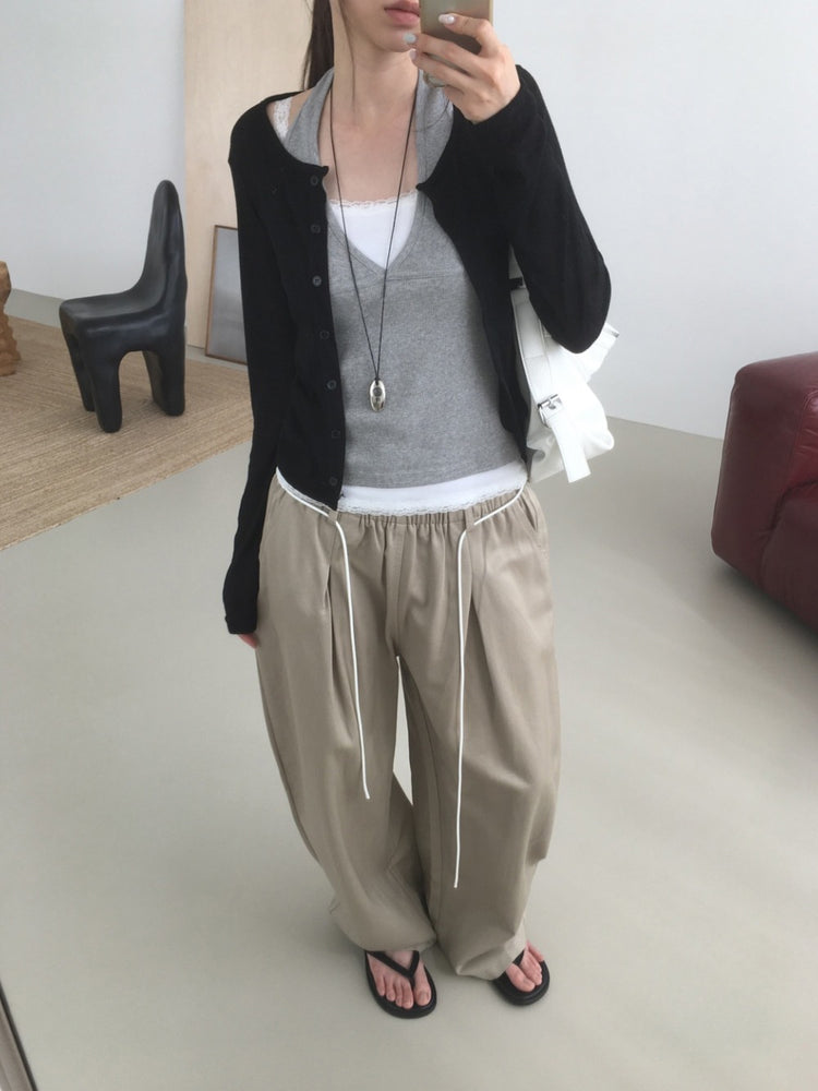 蕾絲褲邊細節垂帶闊褲