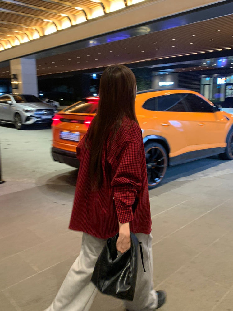 復古美色格紋寬鬆襯衫