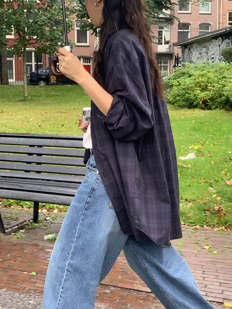 格紋同色系寬鬆襯衫