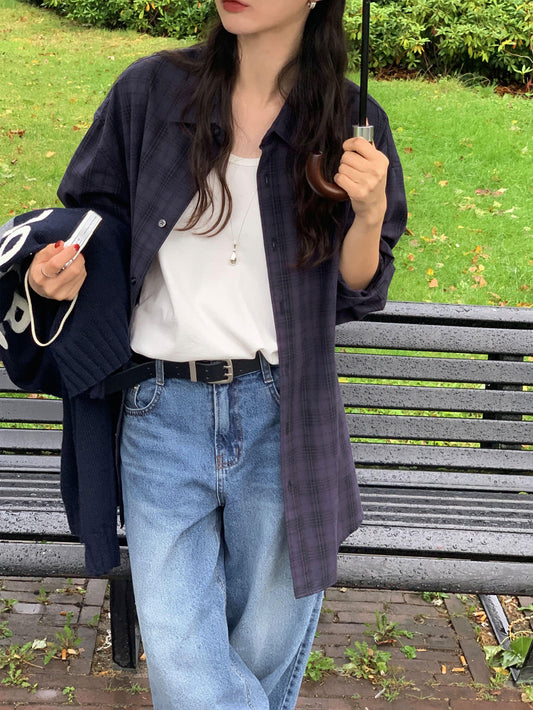 格紋同色系寬鬆襯衫