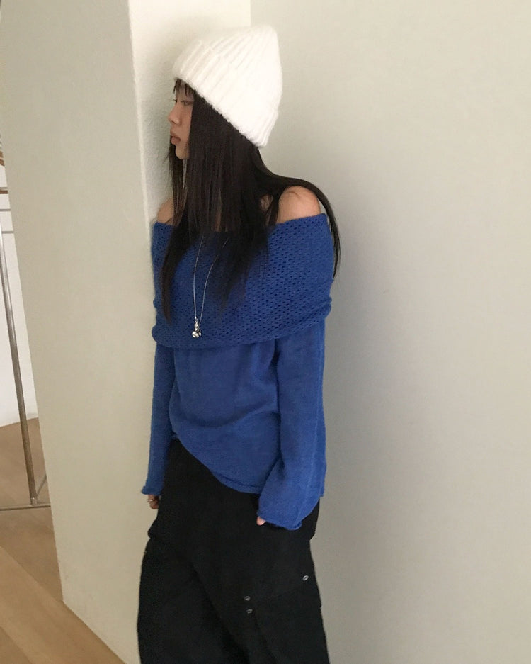 美肩微透紋理細節針織上衣