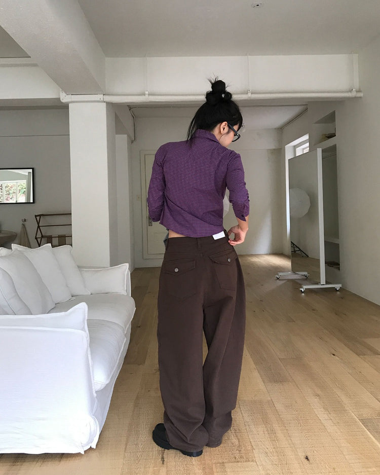 復古亮色格紋細節修腰襯衫