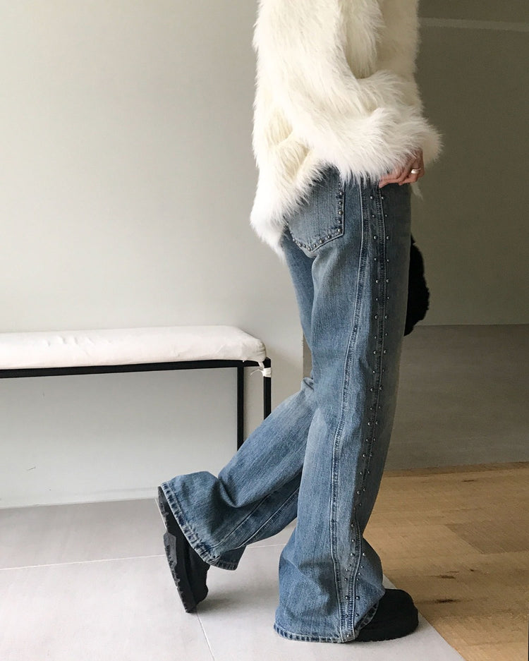 弧壓線側鉚釘細節牛仔褲