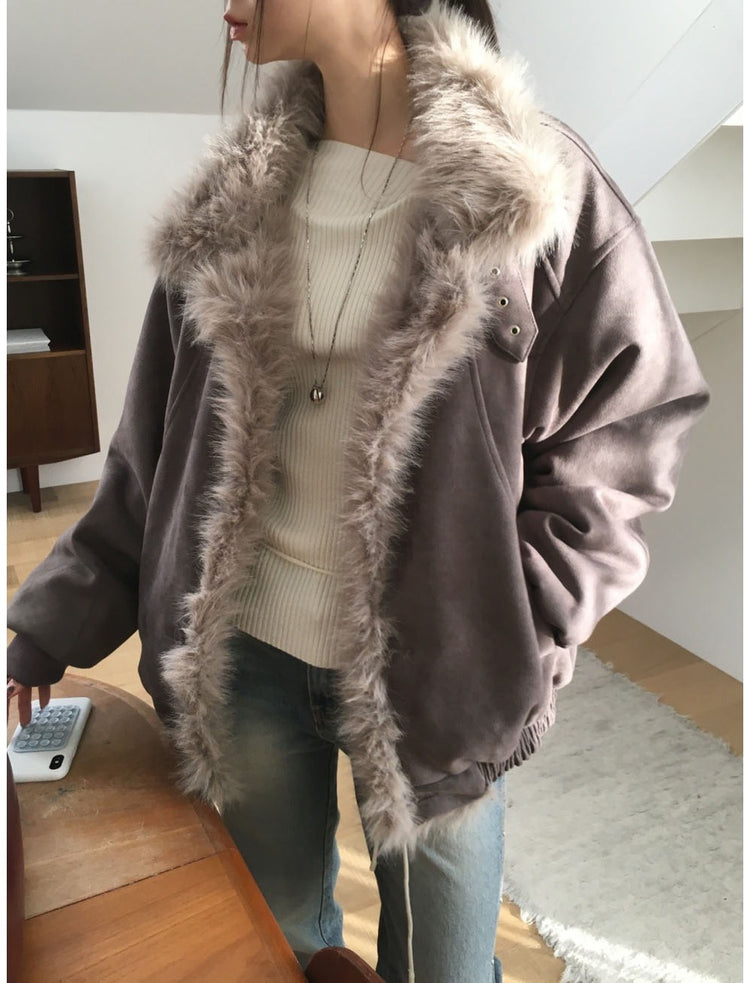 翻領毛毛細節麂皮外套