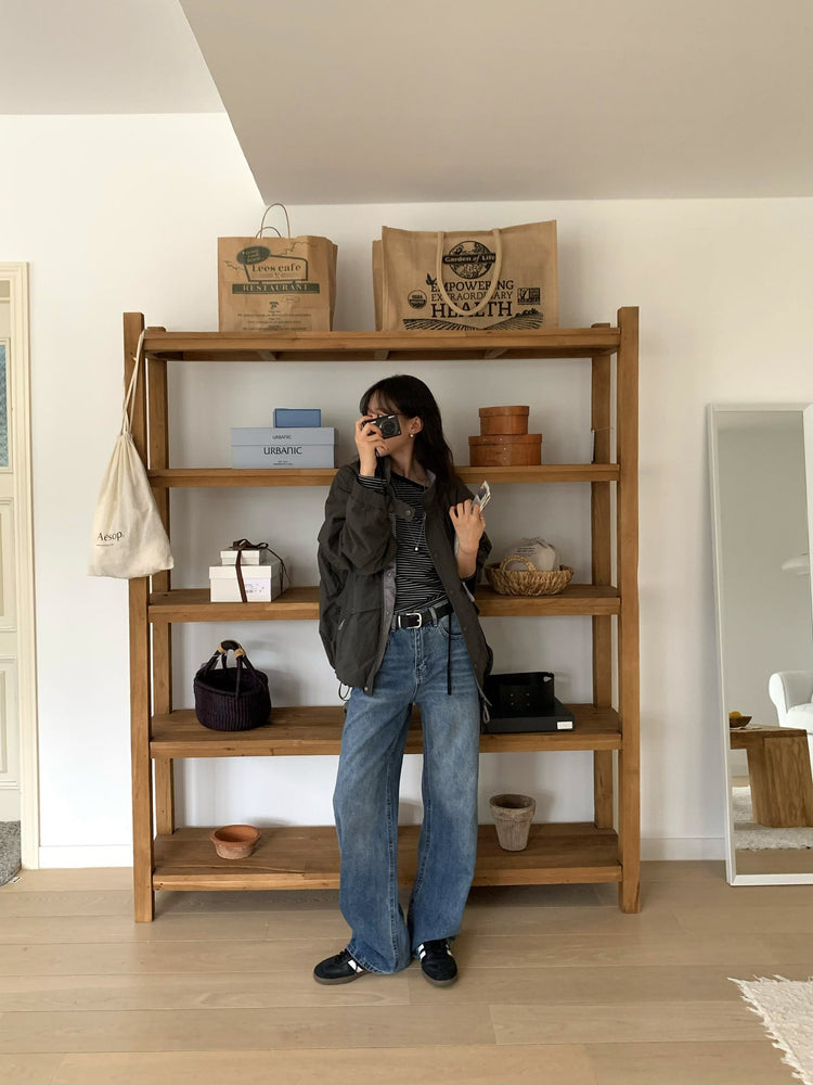 基礎復古美刷色直筒牛仔褲