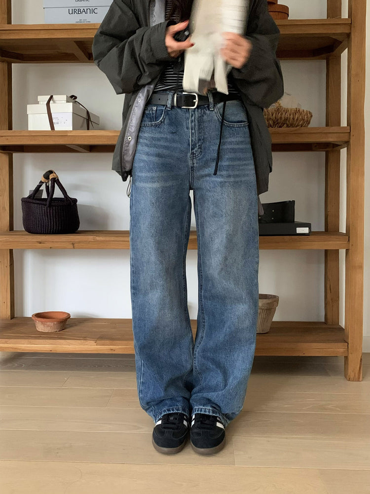 基礎復古美刷色直筒牛仔褲