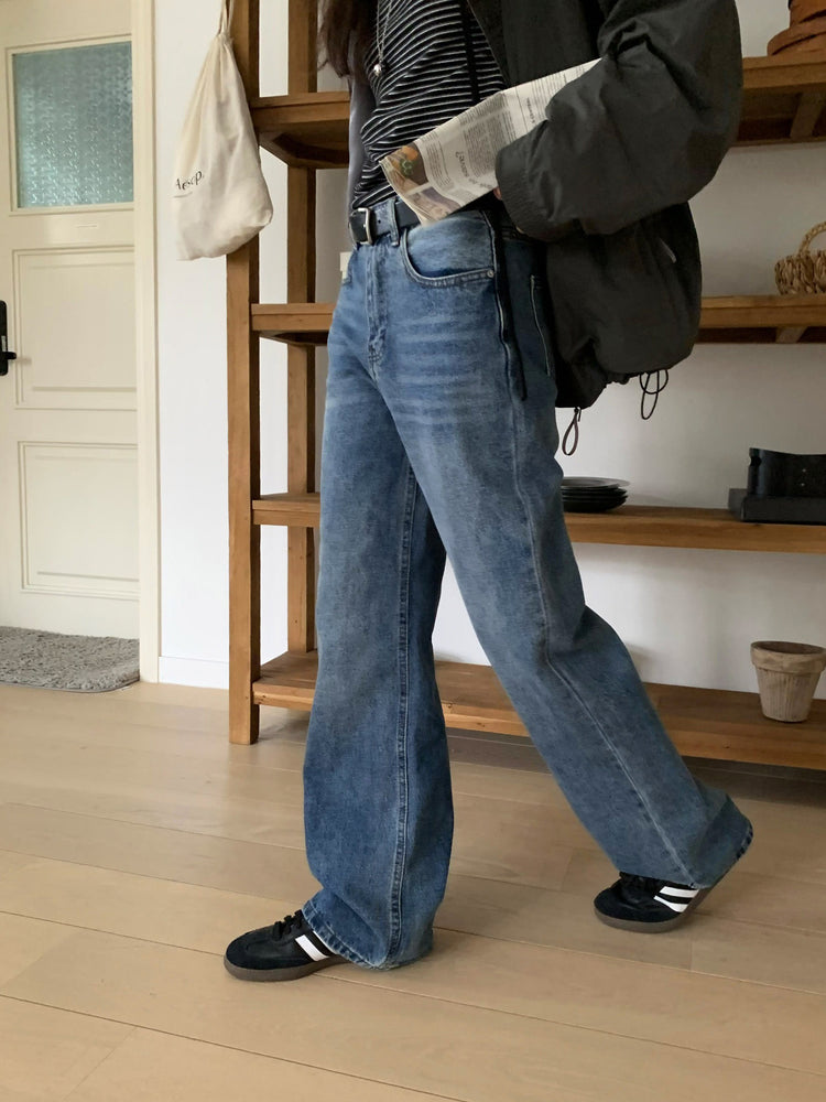 基礎復古美刷色直筒牛仔褲