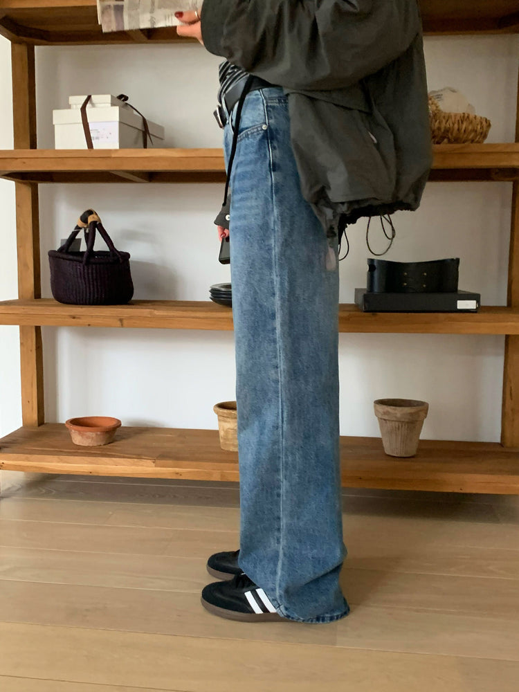 基礎復古美刷色直筒牛仔褲