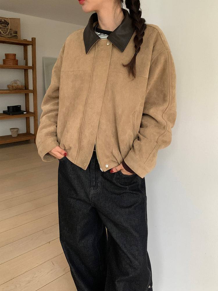 撞色皮領麂皮外套