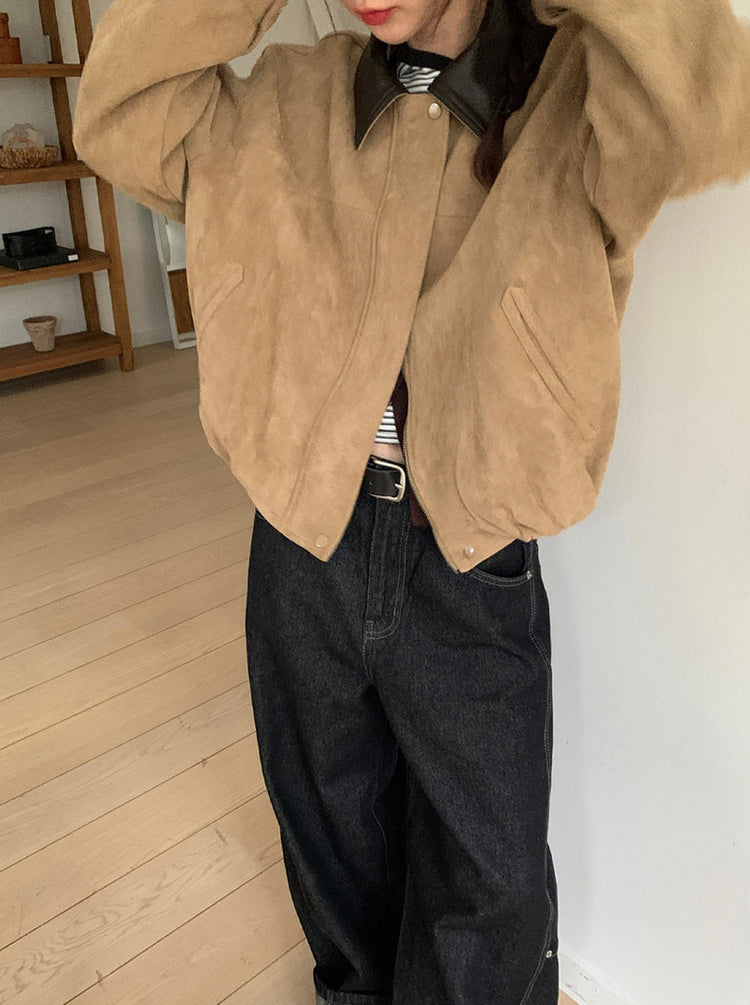 撞色皮領麂皮外套