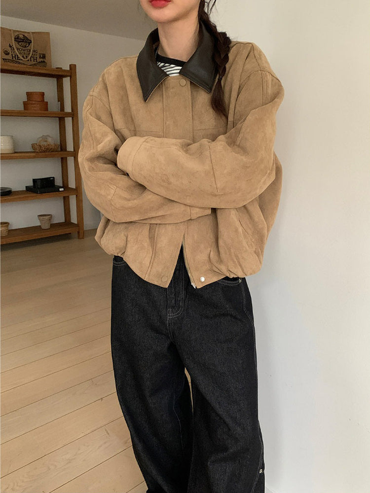 撞色皮領麂皮外套